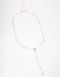 Gold Plated Coin & Cross Lariat Necklace