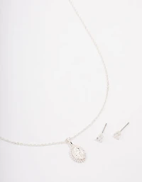 Silver Plated Diamante Signature Coin Necklace & Earring Set