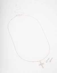Silver Plated Diamante Cross Pendant Necklace & Stud Earring Set