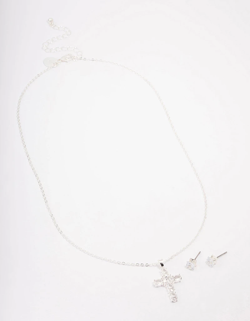 Silver Plated Cubic Zirconia Square Cross Pendant Necklace & Stud Earring Set