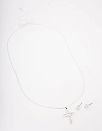 Silver Plated Cubic Zirconia Square Cross Pendant Necklace & Stud Earring Set