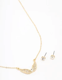 Gold Plated Diamante Heart Wing Necklace & Stud Earring Set