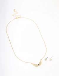Gold Plated Diamante Heart Wing Necklace & Stud Earring Set
