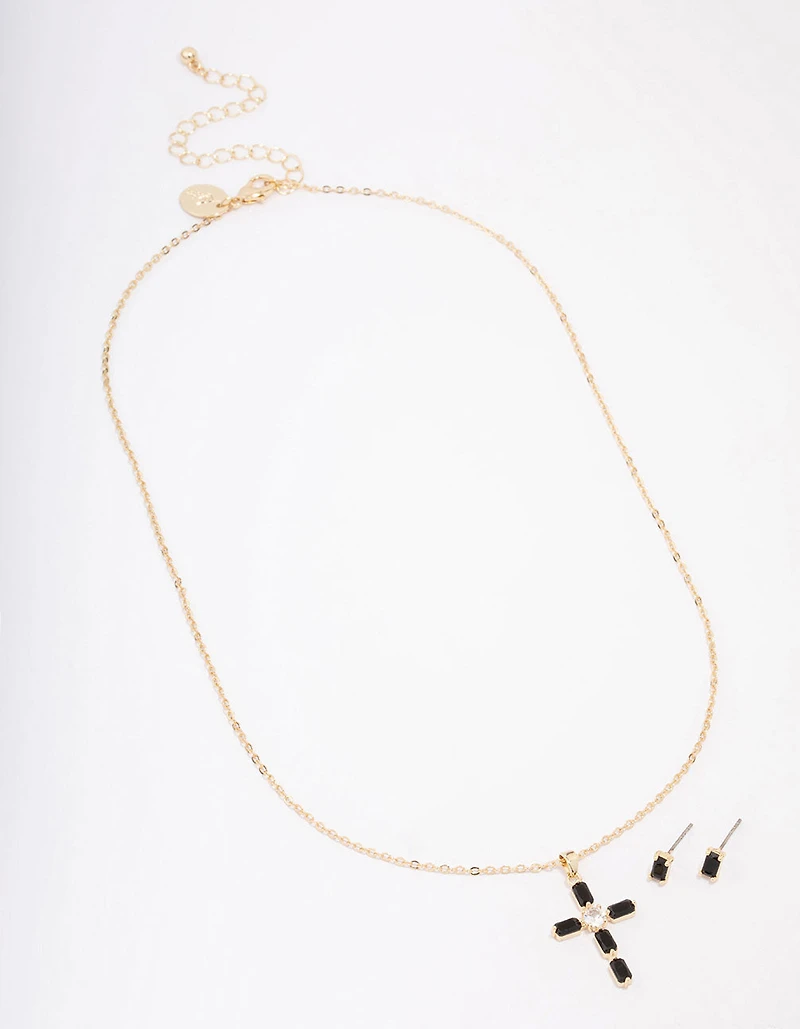Ensemble de colliers et boucles d’oreilles en croix d’onyx noire plaqués or et en onyx
