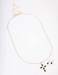 Ensemble de colliers et boucles d’oreilles en croix d’onyx noire plaqués or et en onyx