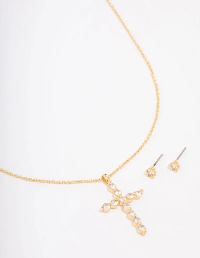 Gold Plated Cubic Zirconia Round Cross Pendant Necklace & Stud Earring Set
