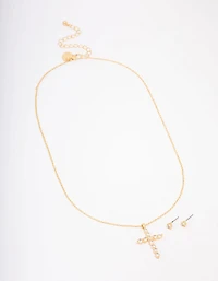 Gold Plated Cubic Zirconia Round Cross Pendant Necklace & Stud Earring Set