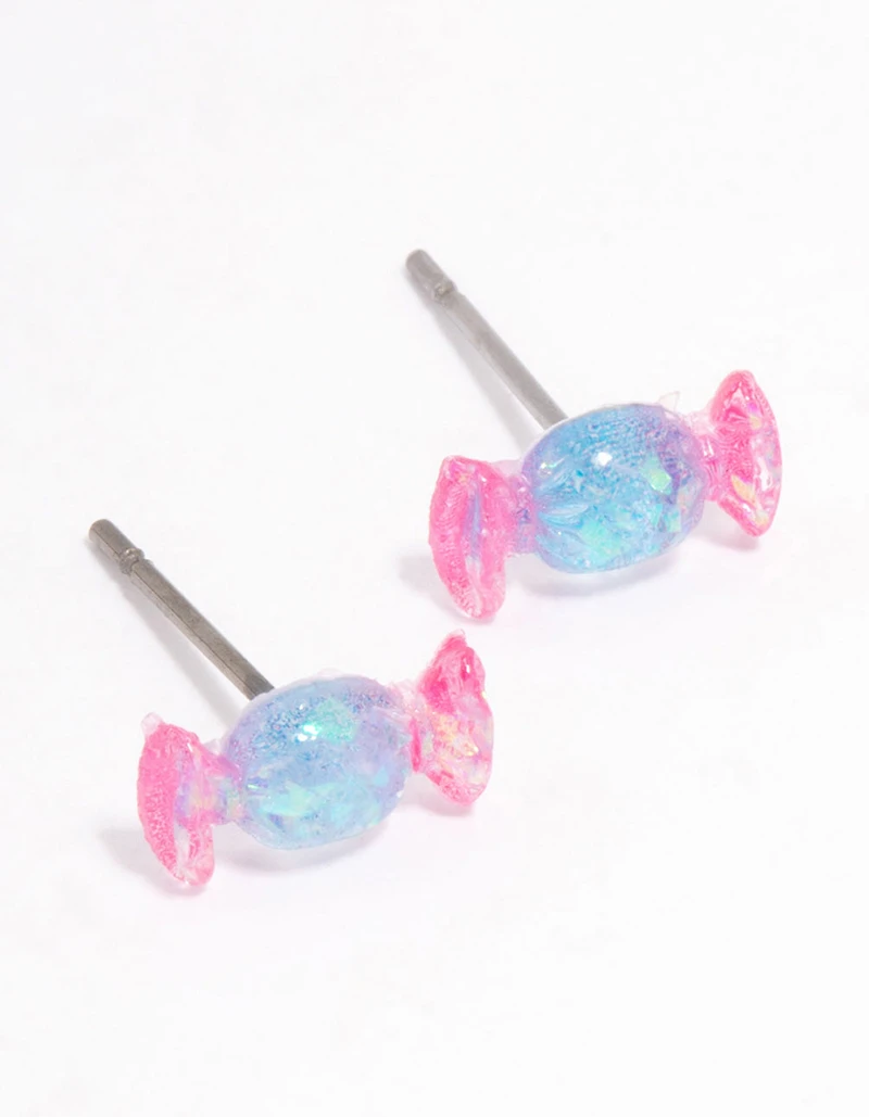 Acrylic Pink & Blue Holographic Lollipop Stud Earrings