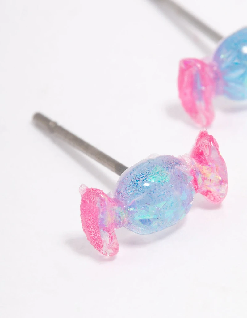 Boucles d’oreilles en forme de sucettes holographiques en acrylique rose et bleu