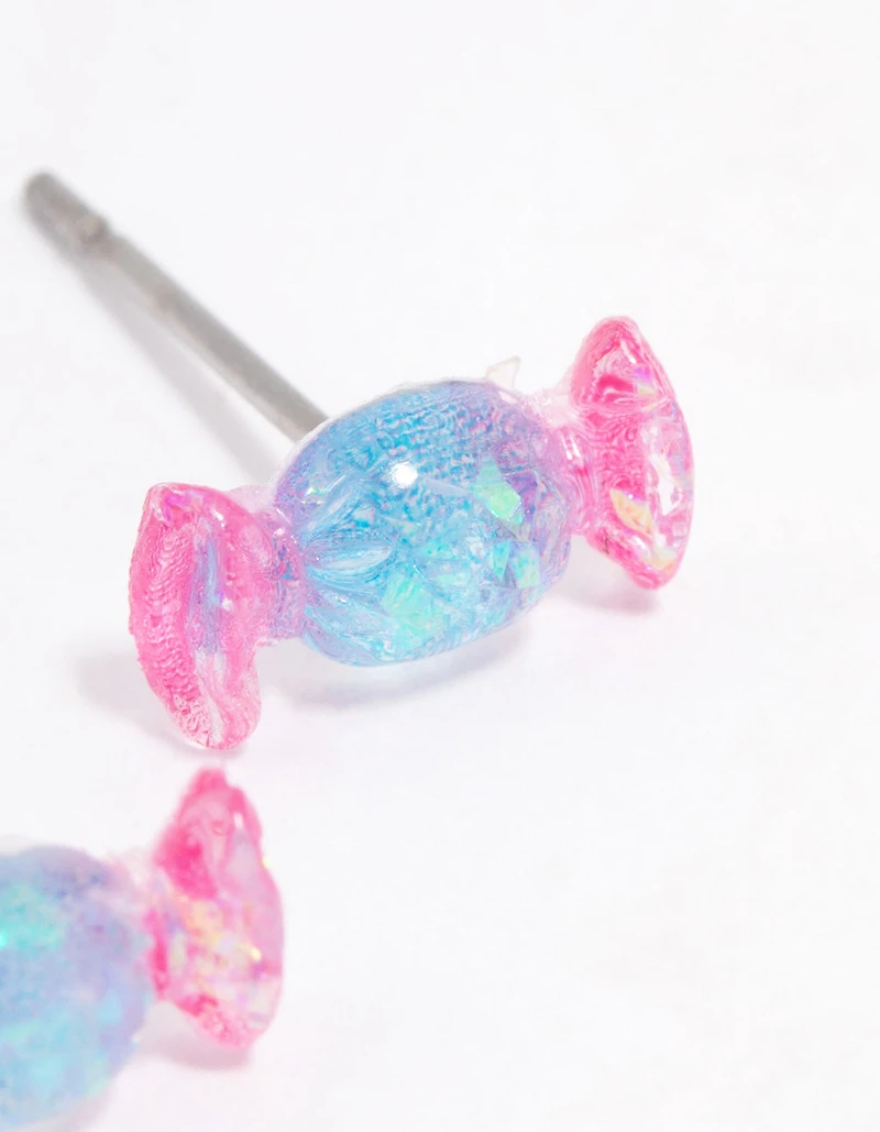 Boucles d’oreilles en forme de sucettes holographiques en acrylique rose et bleu