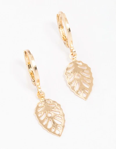 Gold Cut-Out Leaf Huggie Hoop Earrings