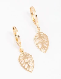 Gold Cut-Out Leaf Huggie Hoop Earrings