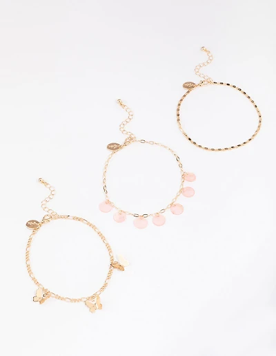 Gold Genuine Shell Butterfly Anklets 3-Pack