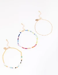 Gold Mixed Beaded & Pearl Anklet 3-Pack