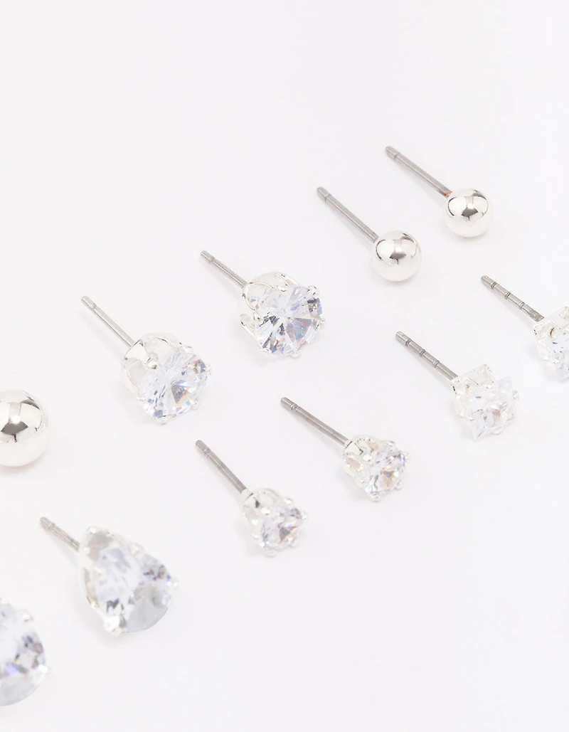 Silver Mixed Diamante Shape Earring 8-Pack