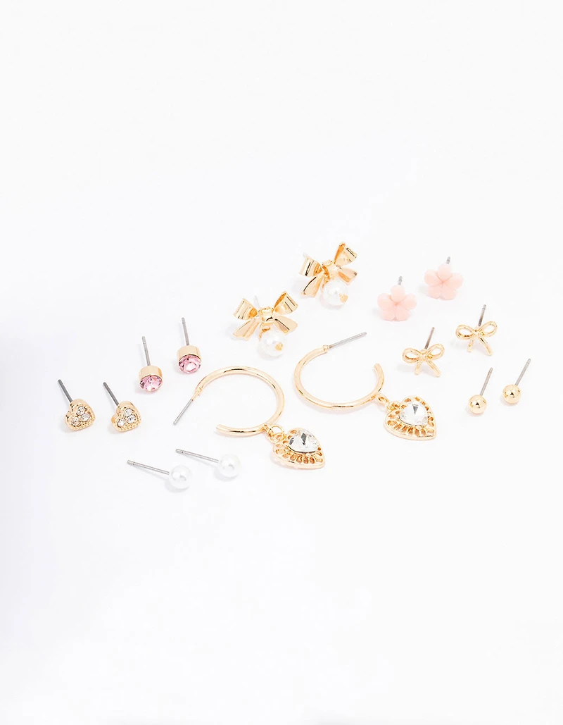 Gold Bow Flower & Pearl Earring 8-Pack