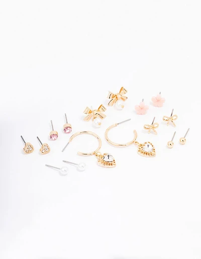 Gold Bow Flower & Pearl Earring 8-Pack
