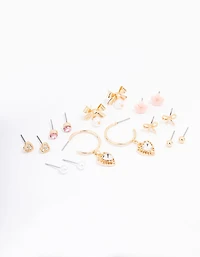 Gold Bow Flower & Pearl Earring 8-Pack