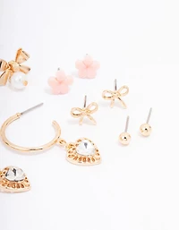Gold Bow Flower & Pearl Earring 8-Pack