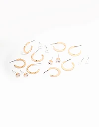Gold Pearl Diamante Mixed Hoop & Stud Earring 8-Pack