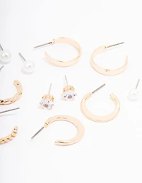 Gold Pearl Diamante Mixed Hoop & Stud Earring 8-Pack