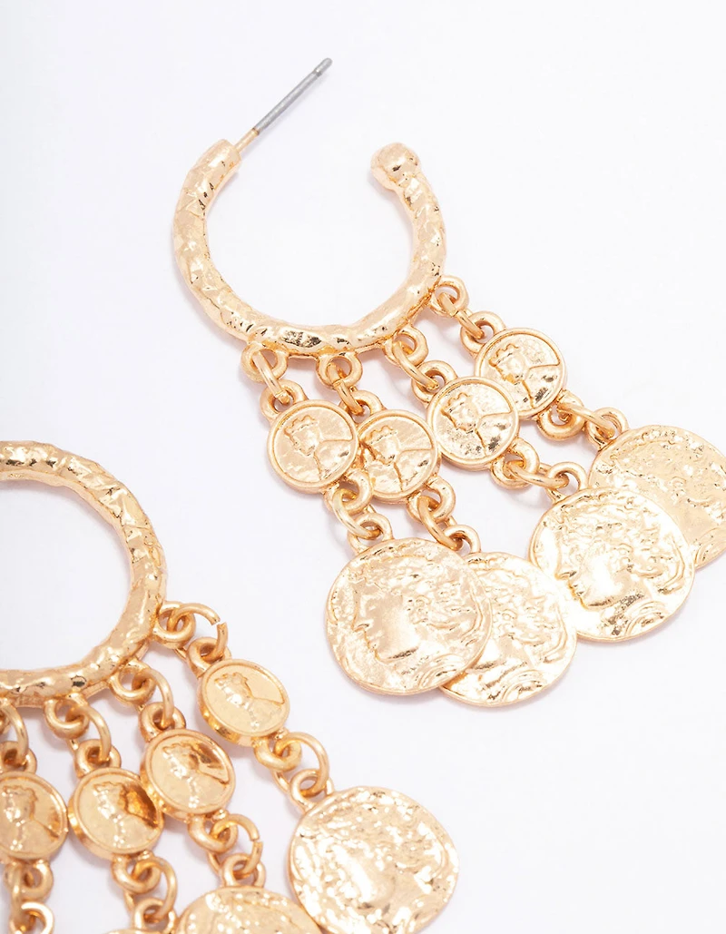 Gold Coin Fringe Hoop Earrings