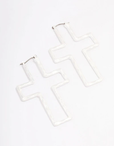 Silver Cross Outline Hoop Earrings