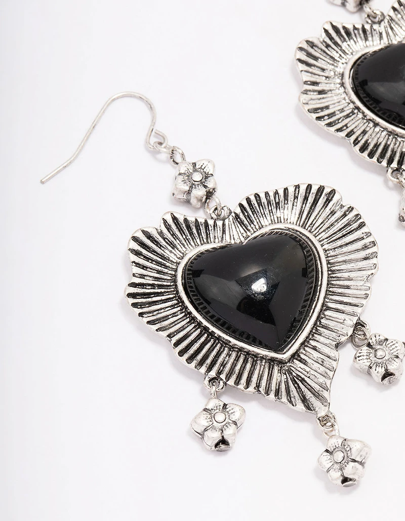 Antique Silver Detailed Heart Drop Earrings
