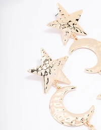 Gold Textured Star & Moon Drop Earrings