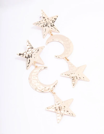 Gold Textured Star & Moon Drop Earrings