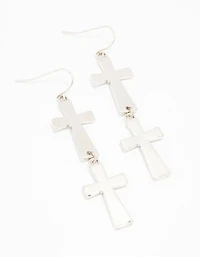 Silver Double Cross Drop Earrings