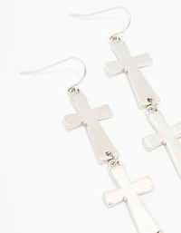 Silver Double Cross Drop Earrings