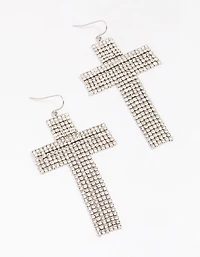 Silver Flowing Cross Drop Earrings