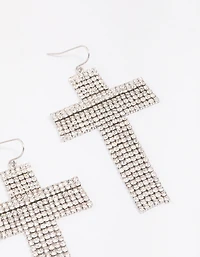 Silver Flowing Cross Drop Earrings