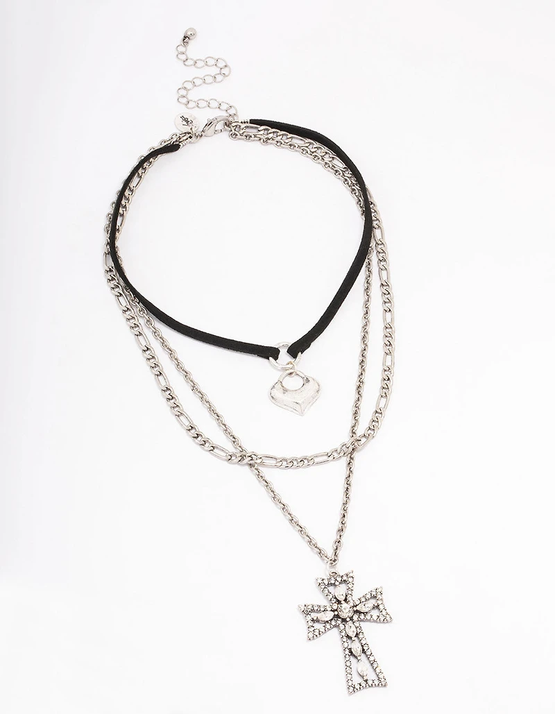 Silver Diamante Cross Cord Layered Necklace