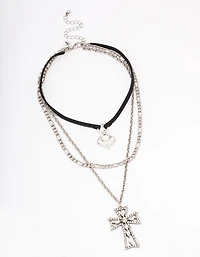 Silver Diamante Cross Cord Layered Necklace