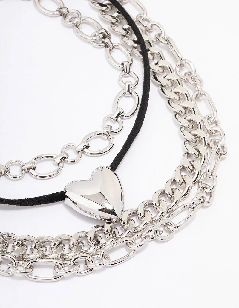 Silver Puffy Heart Layered Mixed Chain Necklace
