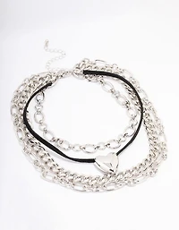 Silver Puffy Heart Layered Mixed Chain Necklace