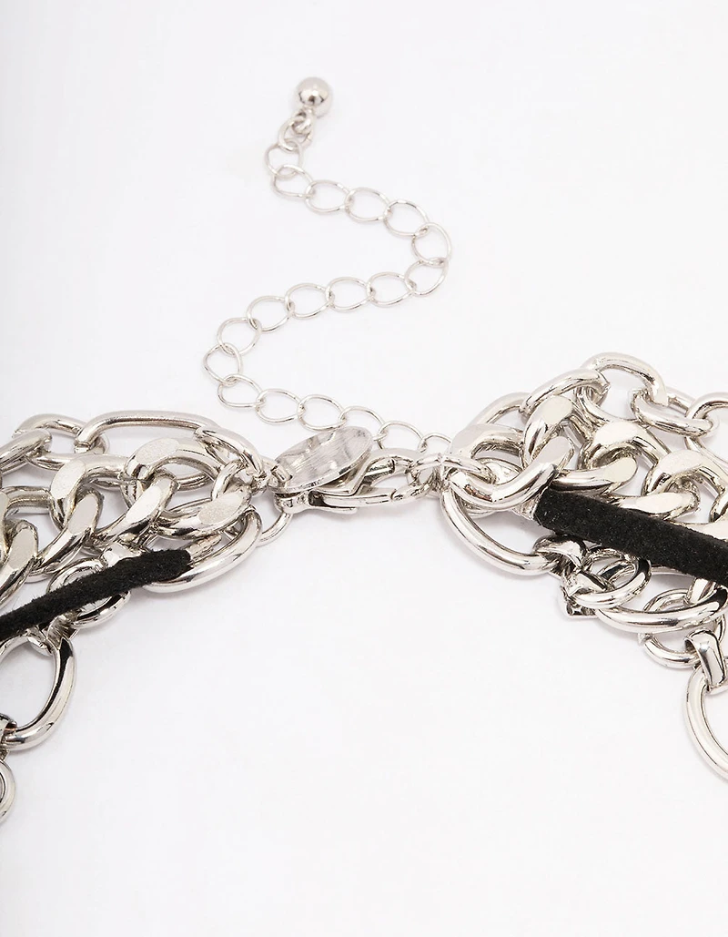 Silver Puffy Heart Layered Mixed Chain Necklace