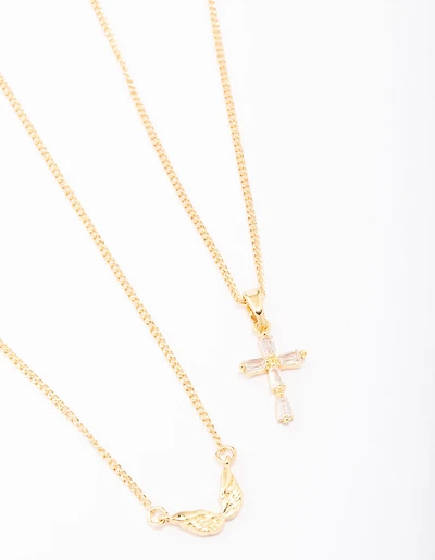 Gold Plated Wings & Diamante Cross Necklace 2-Pack