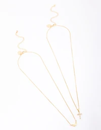 Gold Plated Wings & Diamante Cross Necklace 2-Pack