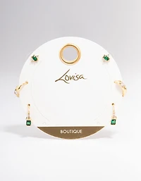 Gold Plated Emerald Boho Baguette Earring 3-Pack