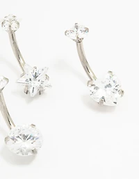 Surgical Steel Star & Heart Crystal Belly Piercing 3-Pack