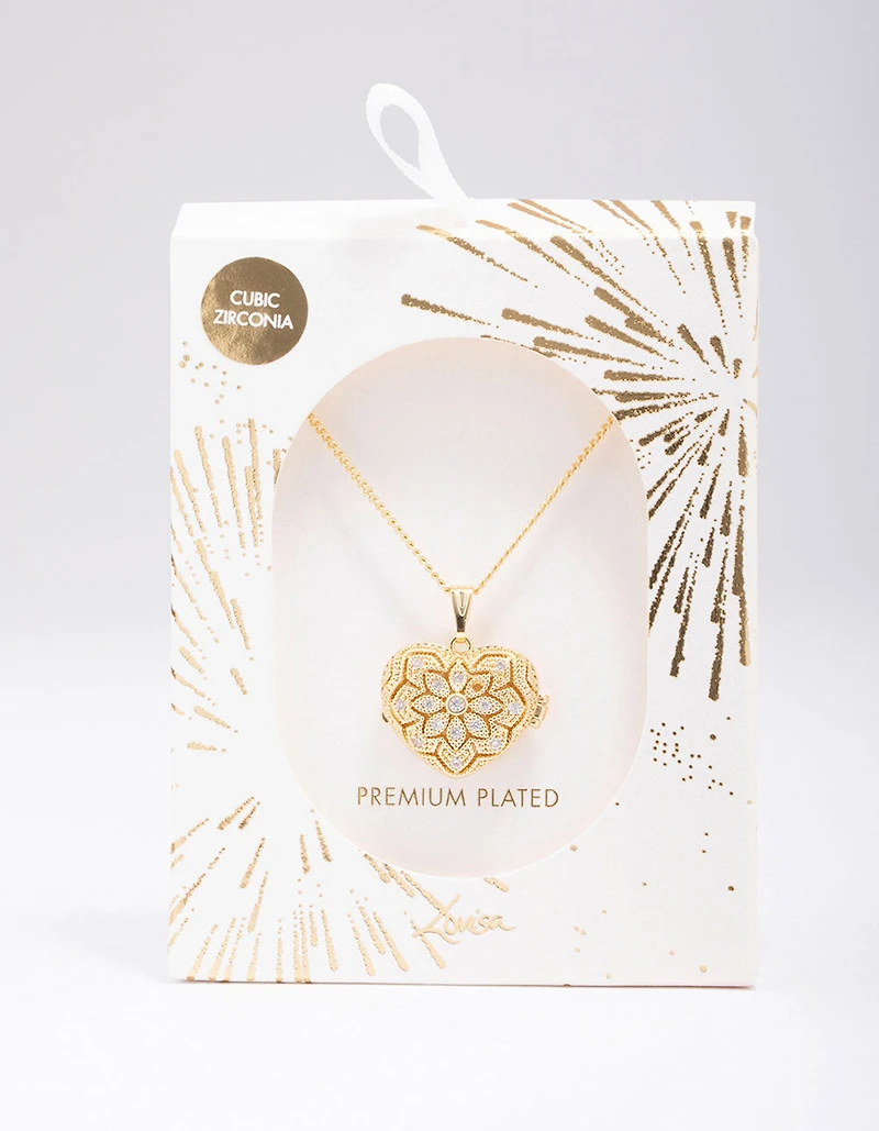 Gold Plated Heart Locket Cubic Zirconia Pendant Necklace