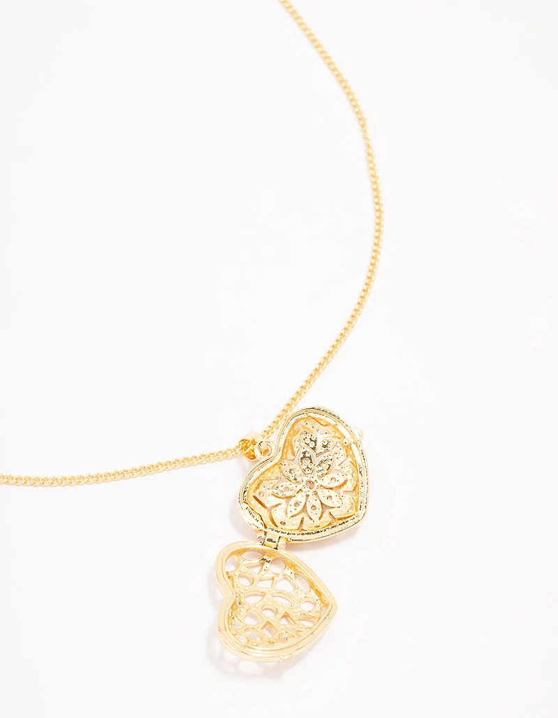 Gold Plated Heart Locket Cubic Zirconia Pendant Necklace