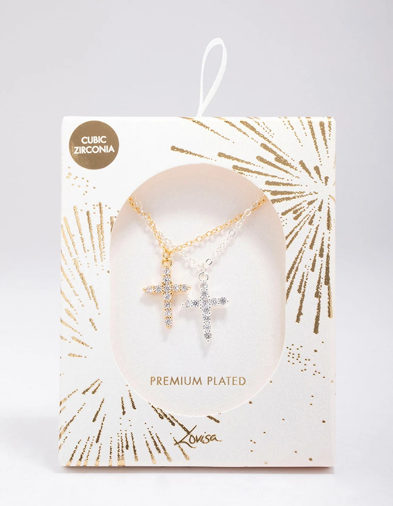 Collier pendentif en zirconne en croix cubique plaqué or et argent
