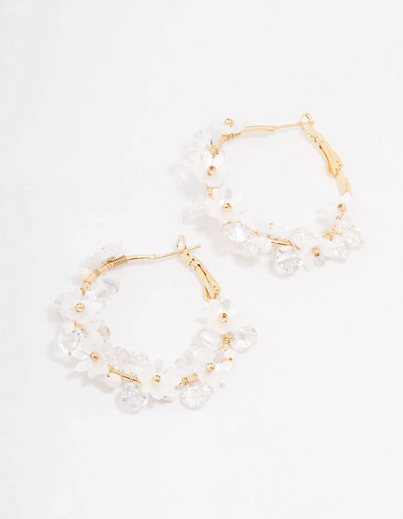 Gold Plated Freshwater Pearl Diamante Flower Hoop Earrings
