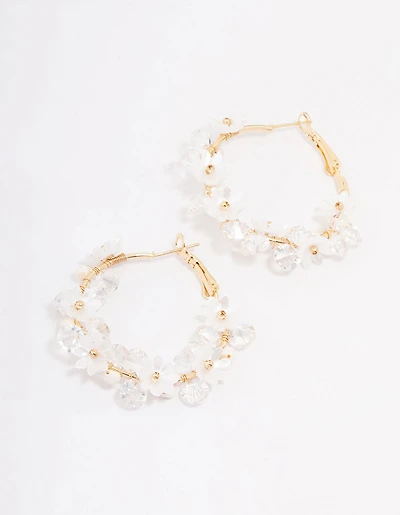 Gold Plated Freshwater Pearl Diamante Flower Hoop Earrings
