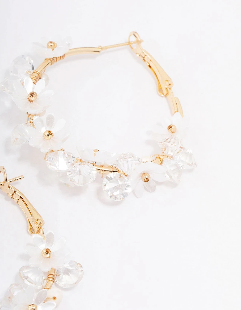 Gold Plated Freshwater Pearl Diamante Flower Hoop Earrings
