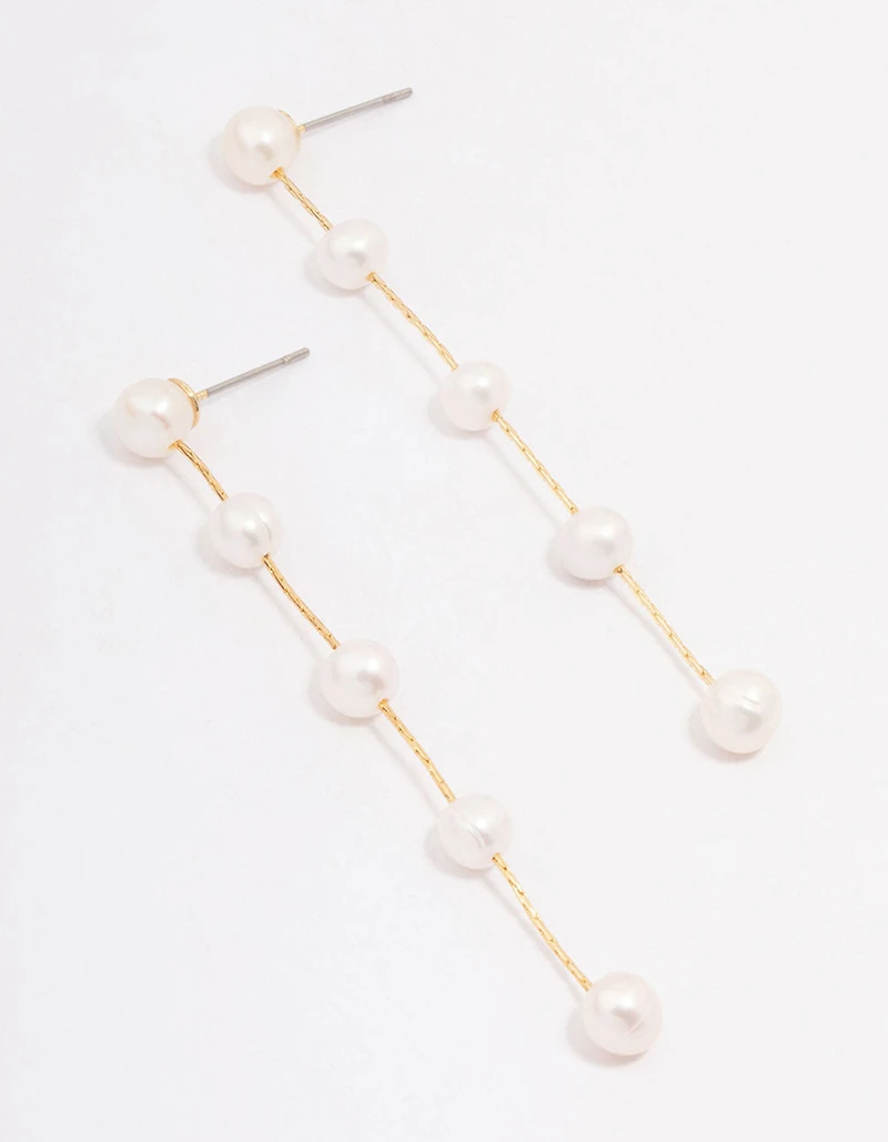 Gold Plated Freshwater Pearl Long Dainty Drop Earrings